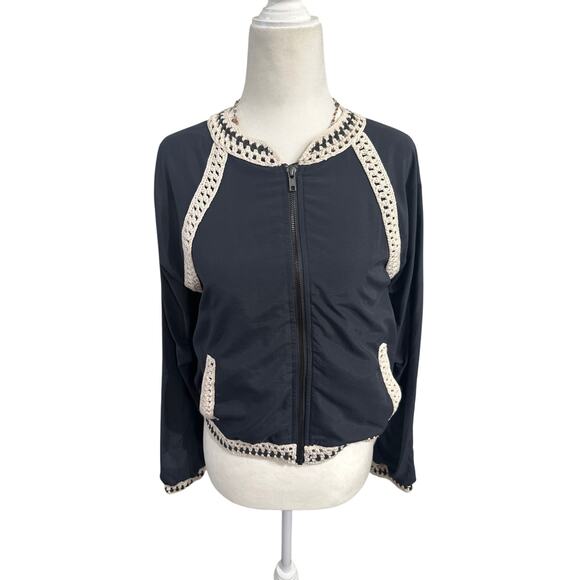 Free People Crochet Baseball Jacket Long Sleeve Wash Dark Navy - Size Small - Picture 1 of 7